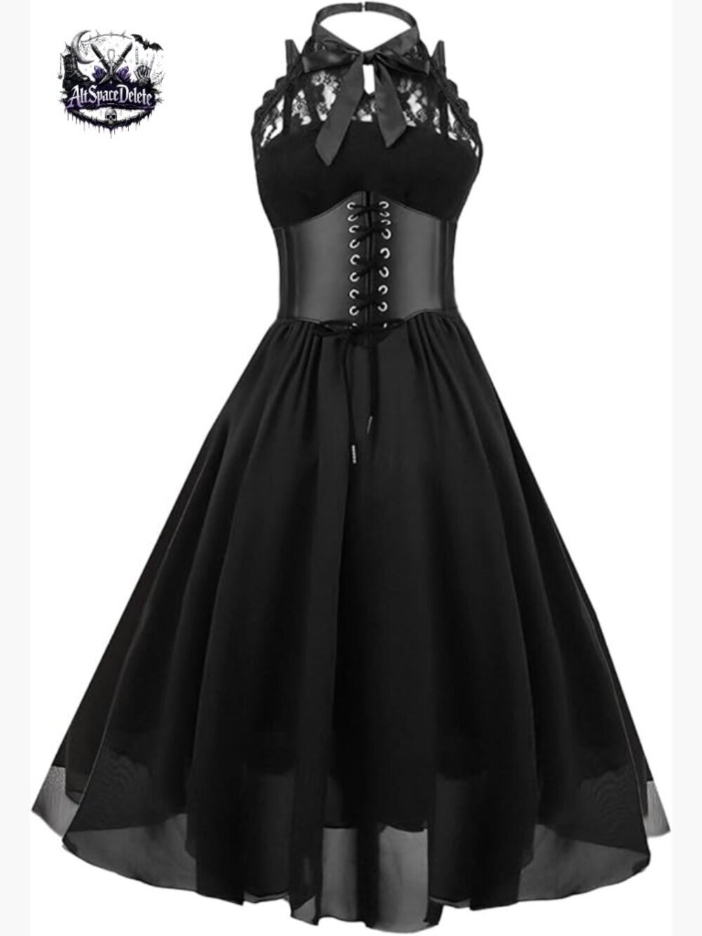 Sleeveless Gothic Lace Corset Halter Dress, Polyester Swing Cocktail